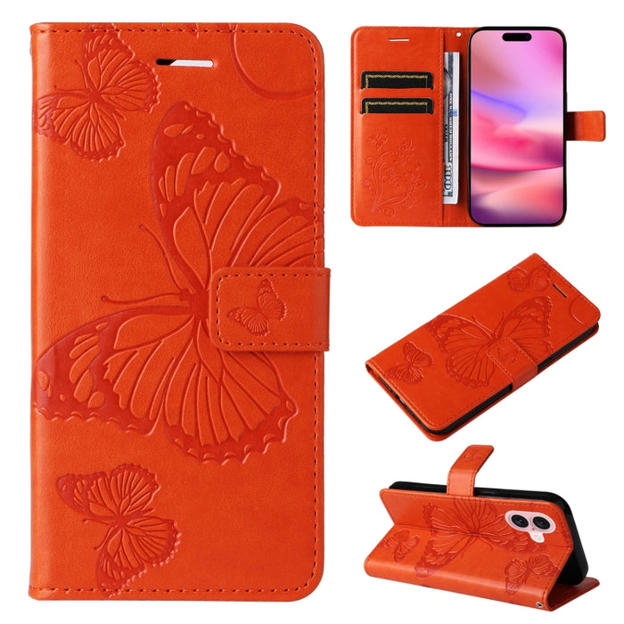 Caja del teléfono del cuero del tirón del patrón en relieve de la mariposa 3D, For iPhone 16 Pro Max, For iPhone 16 Pro, For iPhone 16 Plus, For iPhone 16, iPhone 16e