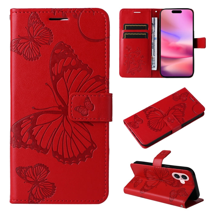 Caja del teléfono del cuero del tirón del patrón en relieve de la mariposa 3D, For iPhone 16 Pro Max, For iPhone 16 Pro, For iPhone 16 Plus, For iPhone 16, iPhone 16e
