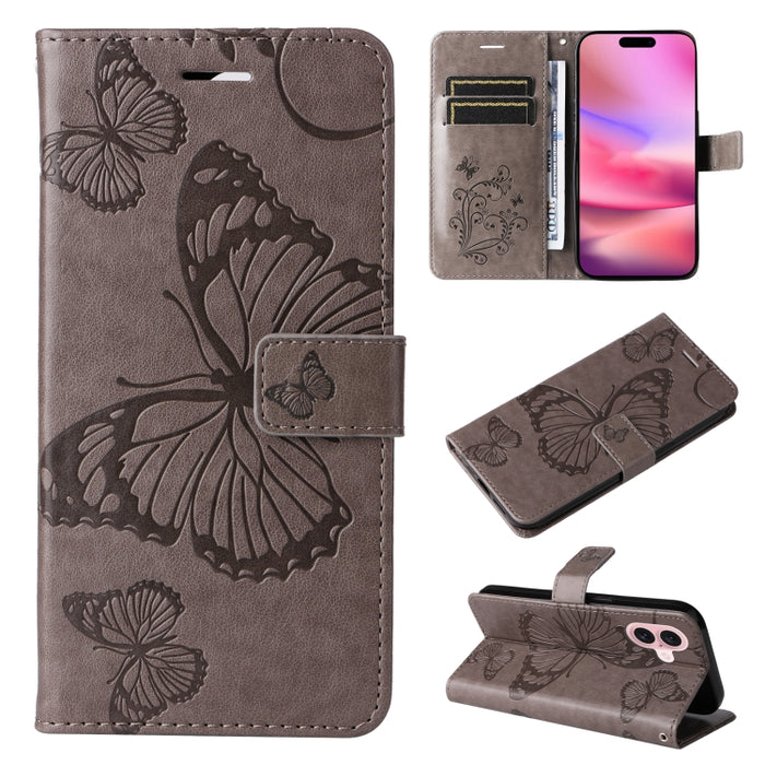 Caja del teléfono del cuero del tirón del patrón en relieve de la mariposa 3D, For iPhone 16 Pro Max, For iPhone 16 Pro, For iPhone 16 Plus, For iPhone 16, iPhone 16e