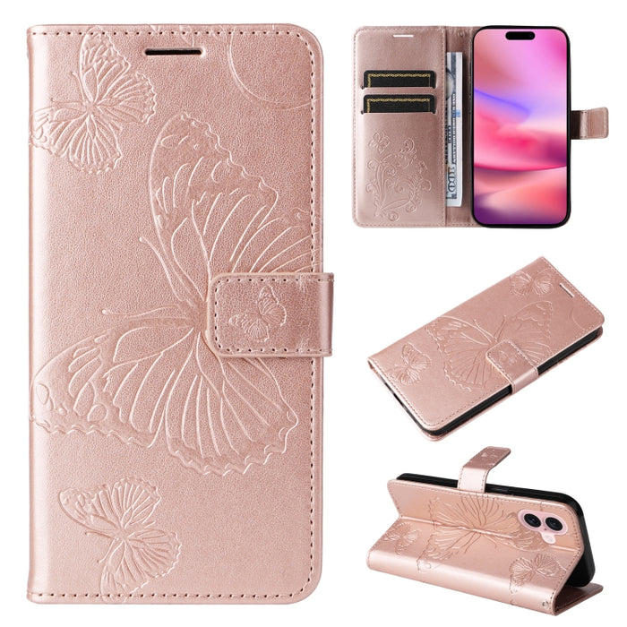 Caja del teléfono del cuero del tirón del patrón en relieve de la mariposa 3D, For iPhone 16 Pro Max, For iPhone 16 Pro, For iPhone 16 Plus, For iPhone 16, iPhone 16e