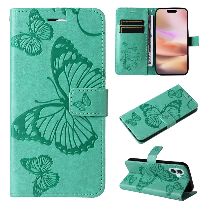 Caja del teléfono del cuero del tirón del patrón en relieve de la mariposa 3D, For iPhone 16 Pro Max, For iPhone 16 Pro, For iPhone 16 Plus, For iPhone 16, iPhone 16e