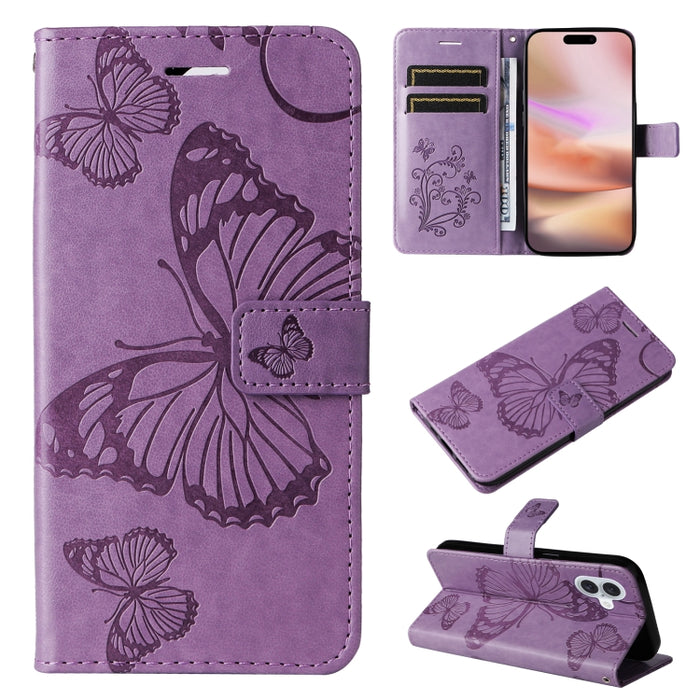 Caja del teléfono del cuero del tirón del patrón en relieve de la mariposa 3D, For iPhone 16 Pro Max, For iPhone 16 Pro, For iPhone 16 Plus, For iPhone 16, iPhone 16e