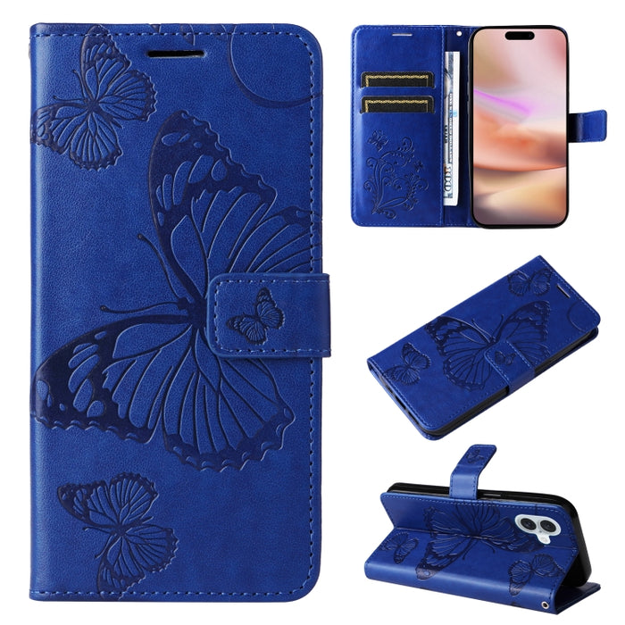 Caja del teléfono del cuero del tirón del patrón en relieve de la mariposa 3D, For iPhone 16 Pro Max, For iPhone 16 Pro, For iPhone 16 Plus, For iPhone 16, iPhone 16e