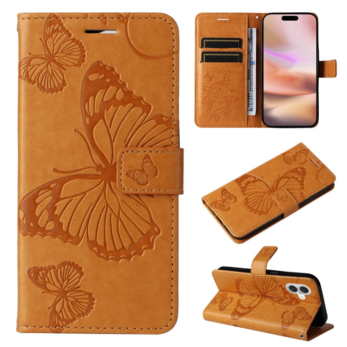Caja del teléfono del cuero del tirón del patrón en relieve de la mariposa 3D, For iPhone 16 Pro Max, For iPhone 16 Pro, For iPhone 16 Plus, For iPhone 16, iPhone 16e