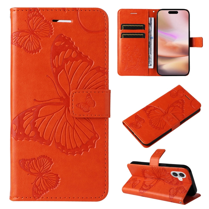 Caja del teléfono del cuero del tirón del patrón en relieve de la mariposa 3D, For iPhone 16 Pro Max, For iPhone 16 Pro, For iPhone 16 Plus, For iPhone 16, iPhone 16e