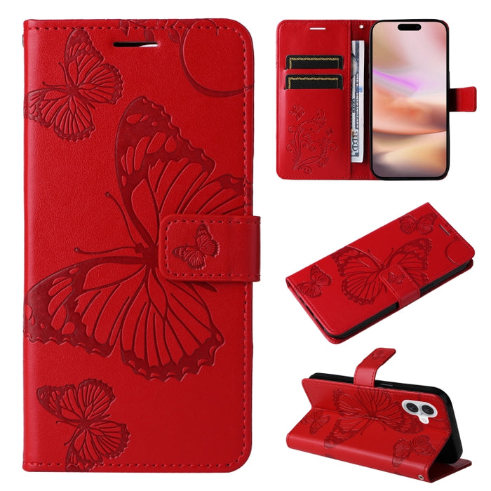 Caja del teléfono del cuero del tirón del patrón en relieve de la mariposa 3D, For iPhone 16 Pro Max, For iPhone 16 Pro, For iPhone 16 Plus, For iPhone 16, iPhone 16e