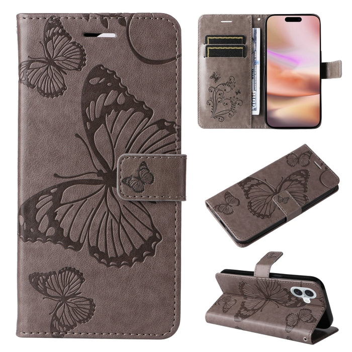 Caja del teléfono del cuero del tirón del patrón en relieve de la mariposa 3D, For iPhone 16 Pro Max, For iPhone 16 Pro, For iPhone 16 Plus, For iPhone 16, iPhone 16e