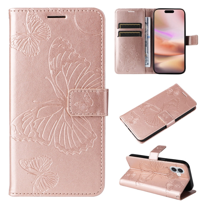 Caja del teléfono del cuero del tirón del patrón en relieve de la mariposa 3D, For iPhone 16 Pro Max, For iPhone 16 Pro, For iPhone 16 Plus, For iPhone 16, iPhone 16e