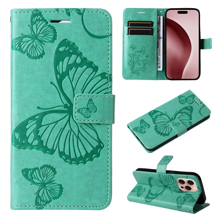 Caja del teléfono del cuero del tirón del patrón en relieve de la mariposa 3D, For iPhone 16 Pro Max, For iPhone 16 Pro, For iPhone 16 Plus, For iPhone 16, iPhone 16e