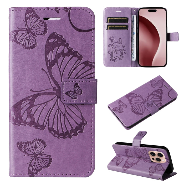 Caja del teléfono del cuero del tirón del patrón en relieve de la mariposa 3D, For iPhone 16 Pro Max, For iPhone 16 Pro, For iPhone 16 Plus, For iPhone 16, iPhone 16e