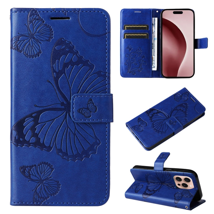 Caja del teléfono del cuero del tirón del patrón en relieve de la mariposa 3D, For iPhone 16 Pro Max, For iPhone 16 Pro, For iPhone 16 Plus, For iPhone 16, iPhone 16e