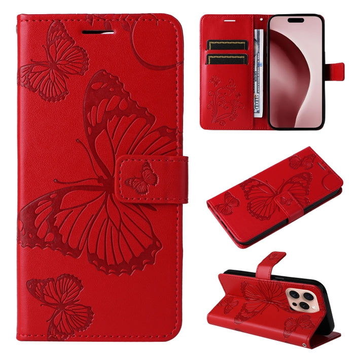 Caja del teléfono del cuero del tirón del patrón en relieve de la mariposa 3D, For iPhone 16 Pro Max, For iPhone 16 Pro, For iPhone 16 Plus, For iPhone 16, iPhone 16e