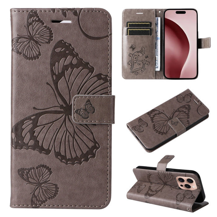 Caja del teléfono del cuero del tirón del patrón en relieve de la mariposa 3D, For iPhone 16 Pro Max, For iPhone 16 Pro, For iPhone 16 Plus, For iPhone 16, iPhone 16e