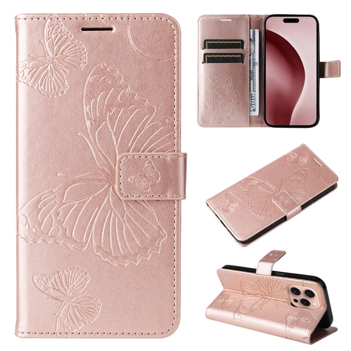 Caja del teléfono del cuero del tirón del patrón en relieve de la mariposa 3D, For iPhone 16 Pro Max, For iPhone 16 Pro, For iPhone 16 Plus, For iPhone 16, iPhone 16e
