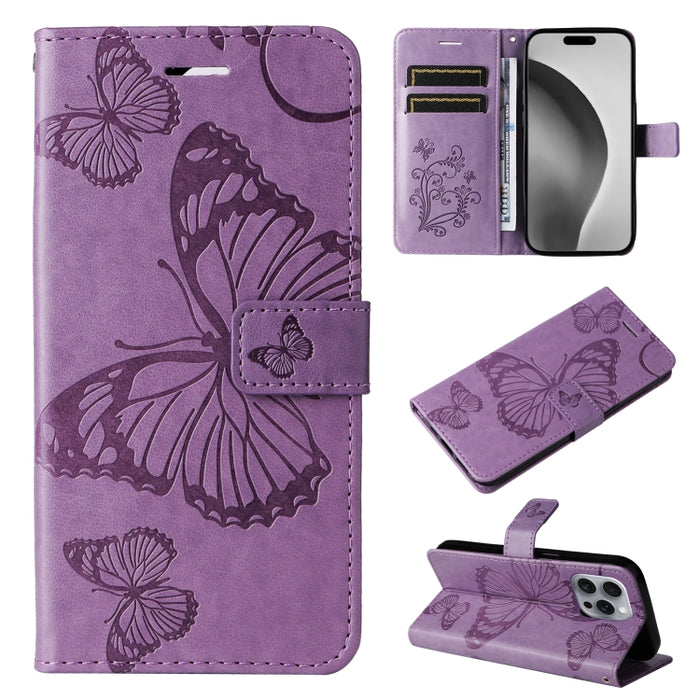 Caja del teléfono del cuero del tirón del patrón en relieve de la mariposa 3D, For iPhone 16 Pro Max, For iPhone 16 Pro, For iPhone 16 Plus, For iPhone 16, iPhone 16e