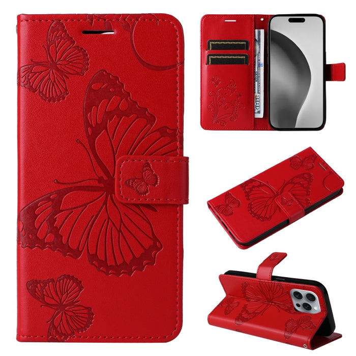 Caja del teléfono del cuero del tirón del patrón en relieve de la mariposa 3D, For iPhone 16 Pro Max, For iPhone 16 Pro, For iPhone 16 Plus, For iPhone 16, iPhone 16e