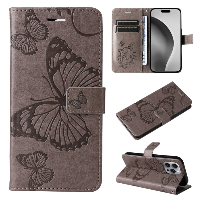 Caja del teléfono del cuero del tirón del patrón en relieve de la mariposa 3D, For iPhone 16 Pro Max, For iPhone 16 Pro, For iPhone 16 Plus, For iPhone 16, iPhone 16e