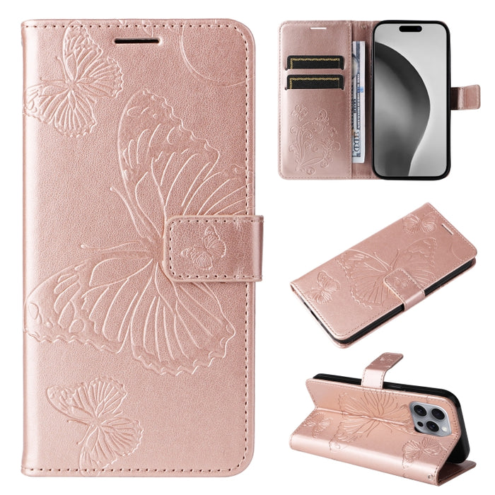Caja del teléfono del cuero del tirón del patrón en relieve de la mariposa 3D, For iPhone 16 Pro Max, For iPhone 16 Pro, For iPhone 16 Plus, For iPhone 16, iPhone 16e