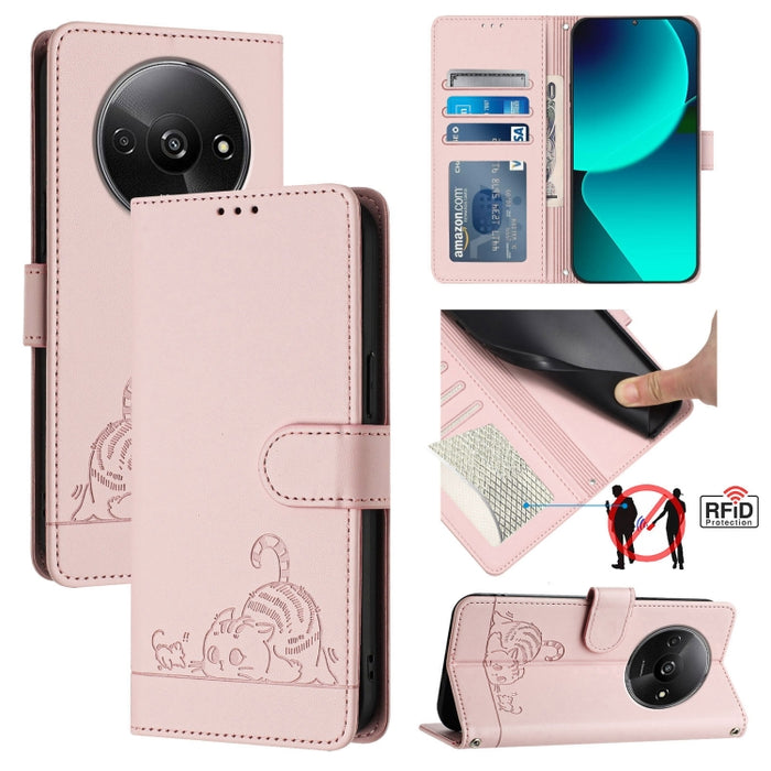 Funda para teléfono de cuero RFID con diseño en relieve de rata y gato con cordón, For Xiaomi A3 4G Global, For  Xiaomi POCO C61 4G Global, For Xiaomi Redmi 13C 4G Global, For Xiaomi POCO C65 Global, For Xiaomi POCO M6 5G Global                        ...
