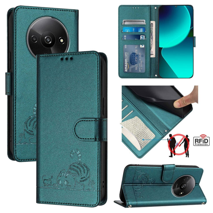 Funda para teléfono de cuero RFID con diseño en relieve de rata y gato con cordón, For Xiaomi A3 4G Global, For  Xiaomi POCO C61 4G Global, For Xiaomi Redmi 13C 4G Global, For Xiaomi POCO C65 Global, For Xiaomi POCO M6 5G Global                        ...