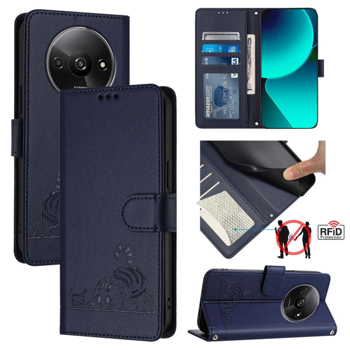 Funda para teléfono de cuero RFID con diseño en relieve de rata y gato con cordón, For Xiaomi A3 4G Global, For  Xiaomi POCO C61 4G Global, For Xiaomi Redmi 13C 4G Global, For Xiaomi POCO C65 Global, For Xiaomi POCO M6 5G Global                        ...