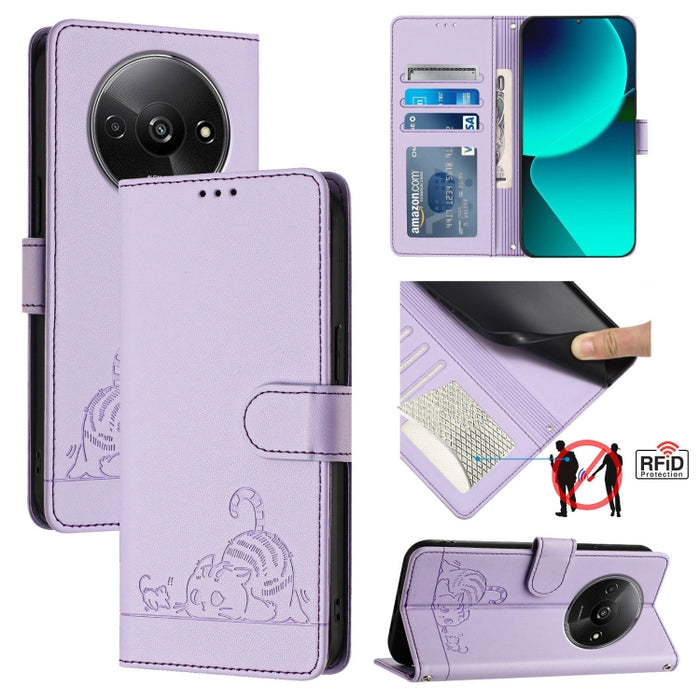 Funda para teléfono de cuero RFID con diseño en relieve de rata y gato con cordón, For Xiaomi A3 4G Global, For  Xiaomi POCO C61 4G Global, For Xiaomi Redmi 13C 4G Global, For Xiaomi POCO C65 Global, For Xiaomi POCO M6 5G Global                        ...