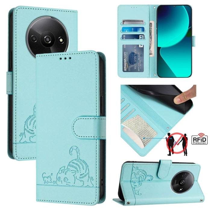 Funda para teléfono de cuero RFID con diseño en relieve de rata y gato con cordón, For Xiaomi A3 4G Global, For  Xiaomi POCO C61 4G Global, For Xiaomi Redmi 13C 4G Global, For Xiaomi POCO C65 Global, For Xiaomi POCO M6 5G Global                        ...