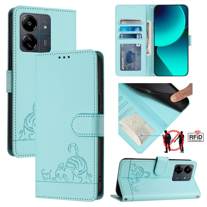 Funda para teléfono de cuero RFID con diseño en relieve de rata y gato con cordón, For Xiaomi A3 4G Global, For  Xiaomi POCO C61 4G Global, For Xiaomi Redmi 13C 4G Global, For Xiaomi POCO C65 Global, For Xiaomi POCO M6 5G Global                        ...