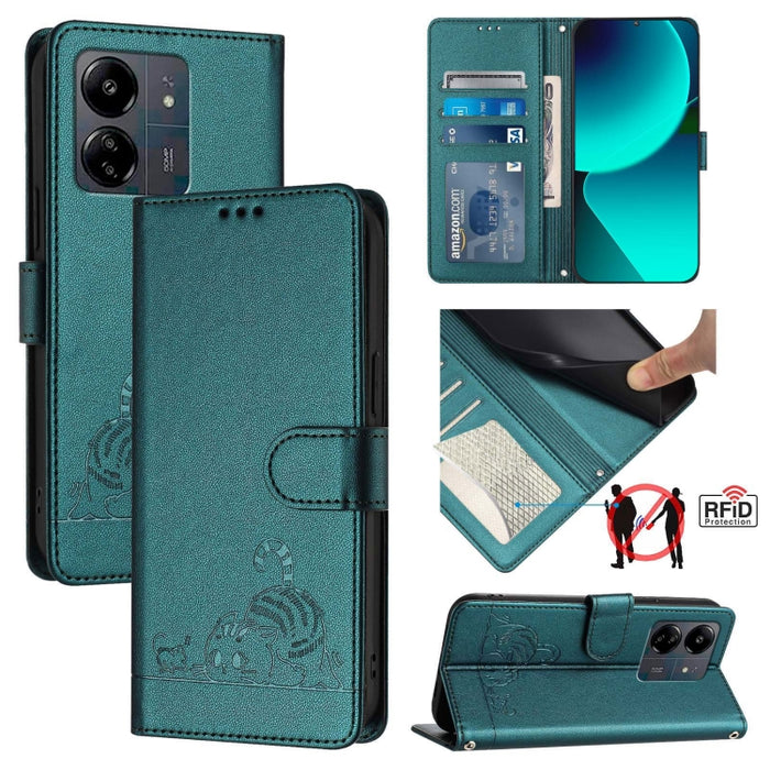 Funda para teléfono de cuero RFID con diseño en relieve de rata y gato con cordón, For Xiaomi A3 4G Global, For  Xiaomi POCO C61 4G Global, For Xiaomi Redmi 13C 4G Global, For Xiaomi POCO C65 Global, For Xiaomi POCO M6 5G Global                        ...