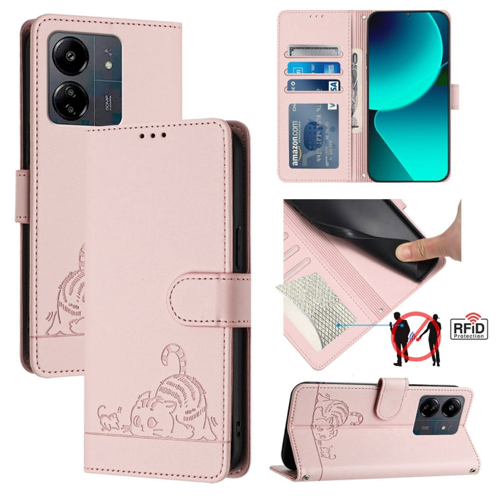 Funda para teléfono de cuero RFID con diseño en relieve de rata y gato con cordón, For Xiaomi A3 4G Global, For  Xiaomi POCO C61 4G Global, For Xiaomi Redmi 13C 4G Global, For Xiaomi POCO C65 Global, For Xiaomi POCO M6 5G Global                        ...