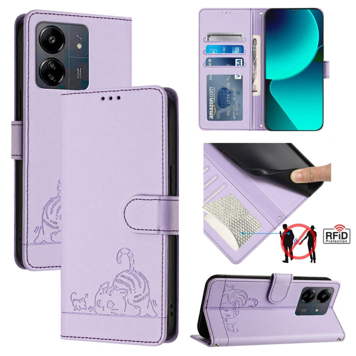 Funda para teléfono de cuero RFID con diseño en relieve de rata y gato con cordón, For Xiaomi A3 4G Global, For  Xiaomi POCO C61 4G Global, For Xiaomi Redmi 13C 4G Global, For Xiaomi POCO C65 Global, For Xiaomi POCO M6 5G Global                        ...