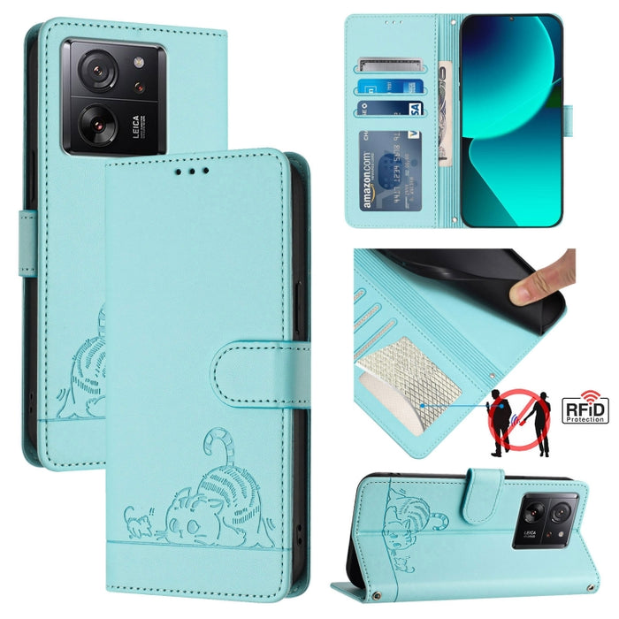 Funda para teléfono de cuero RFID con diseño en relieve de rata y gato con cordón, For Xiaomi A3 4G Global, For  Xiaomi POCO C61 4G Global, For Xiaomi Redmi 13C 4G Global, For Xiaomi POCO C65 Global, For Xiaomi POCO M6 5G Global                        ...