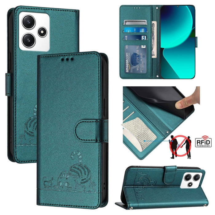 Funda para teléfono de cuero RFID con diseño en relieve de rata y gato con cordón, For Xiaomi A3 4G Global, For  Xiaomi POCO C61 4G Global, For Xiaomi Redmi 13C 4G Global, For Xiaomi POCO C65 Global, For Xiaomi POCO M6 5G Global                        ...