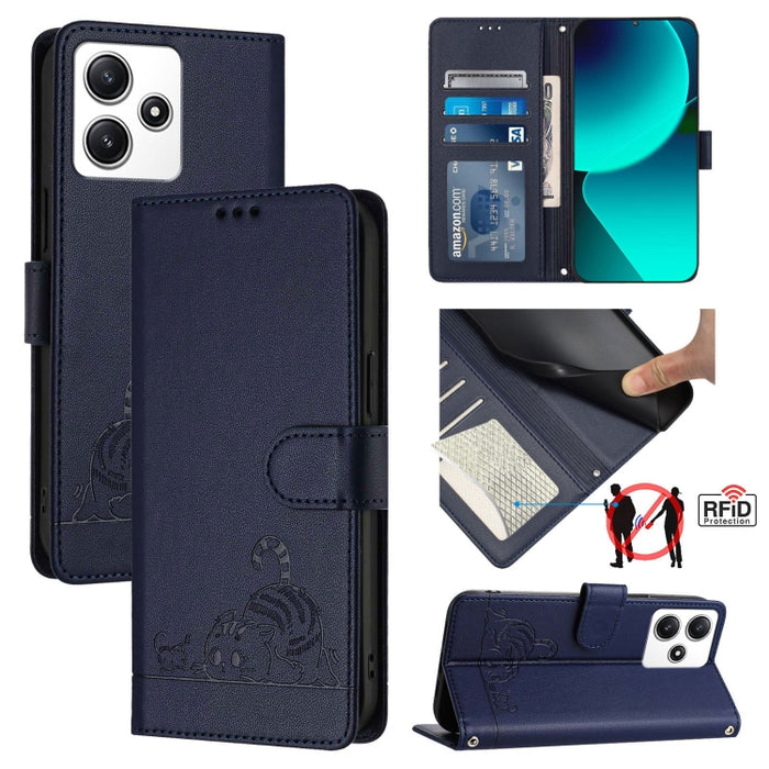 Funda para teléfono de cuero RFID con diseño en relieve de rata y gato con cordón, For Xiaomi A3 4G Global, For  Xiaomi POCO C61 4G Global, For Xiaomi Redmi 13C 4G Global, For Xiaomi POCO C65 Global, For Xiaomi POCO M6 5G Global                        ...