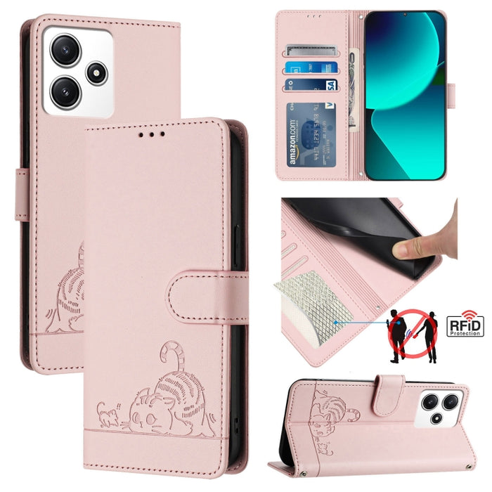 Funda para teléfono de cuero RFID con diseño en relieve de rata y gato con cordón, For Xiaomi A3 4G Global, For  Xiaomi POCO C61 4G Global, For Xiaomi Redmi 13C 4G Global, For Xiaomi POCO C65 Global, For Xiaomi POCO M6 5G Global                        ...