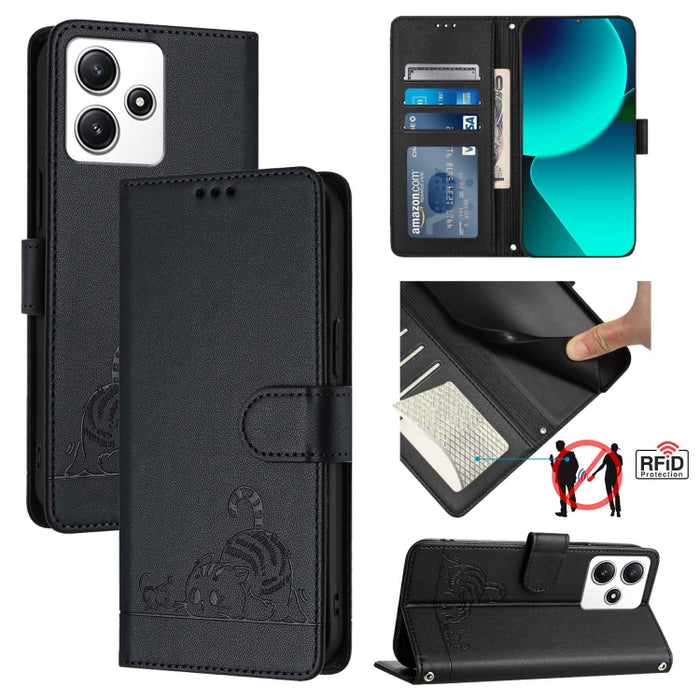 Funda para teléfono de cuero RFID con diseño en relieve de rata y gato con cordón, For Xiaomi A3 4G Global, For  Xiaomi POCO C61 4G Global, For Xiaomi Redmi 13C 4G Global, For Xiaomi POCO C65 Global, For Xiaomi POCO M6 5G Global                        ...