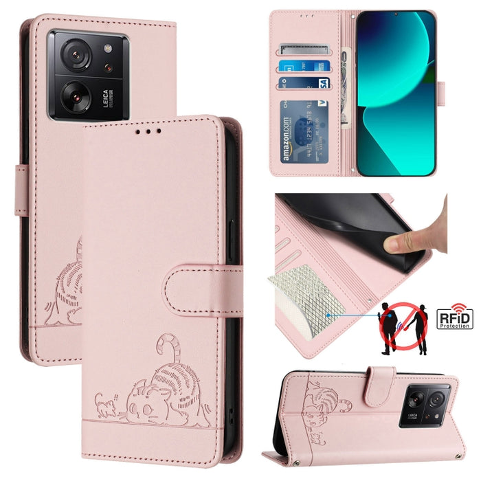 Funda para teléfono de cuero RFID con diseño en relieve de rata y gato con cordón, For Xiaomi A3 4G Global, For  Xiaomi POCO C61 4G Global, For Xiaomi Redmi 13C 4G Global, For Xiaomi POCO C65 Global, For Xiaomi POCO M6 5G Global                        ...