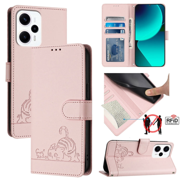 Funda para teléfono de cuero RFID con diseño en relieve de rata y gato con cordón, For Xiaomi A3 4G Global, For  Xiaomi POCO C61 4G Global, For Xiaomi Redmi 13C 4G Global, For Xiaomi POCO C65 Global, For Xiaomi POCO M6 5G Global                        ...