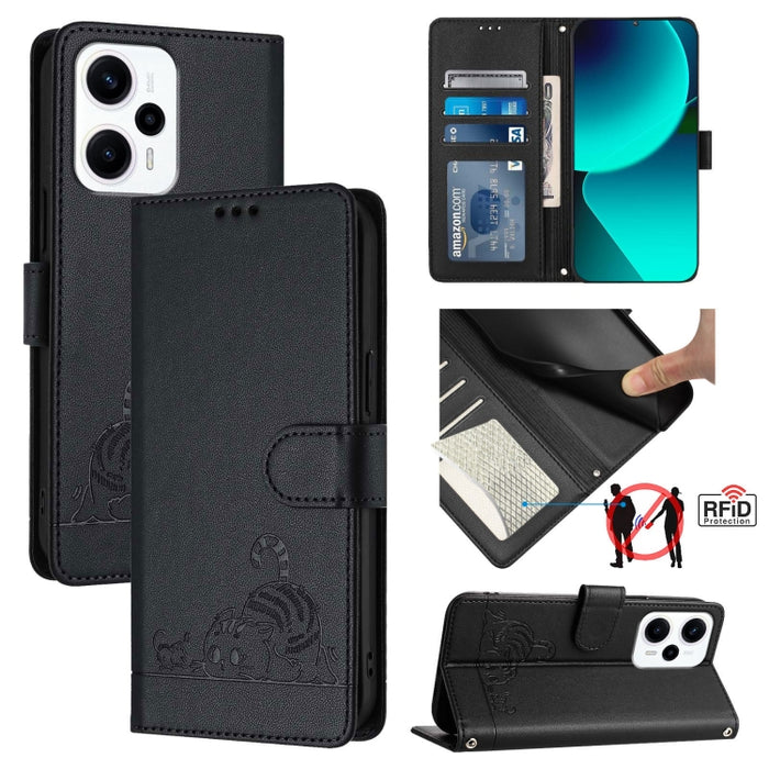 Funda para teléfono de cuero RFID con diseño en relieve de rata y gato con cordón, For Xiaomi A3 4G Global, For  Xiaomi POCO C61 4G Global, For Xiaomi Redmi 13C 4G Global, For Xiaomi POCO C65 Global, For Xiaomi POCO M6 5G Global                        ...