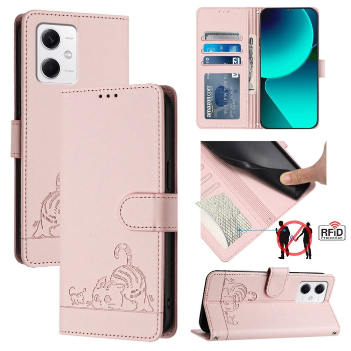 Funda para teléfono de cuero RFID con diseño en relieve de rata y gato con cordón, For Xiaomi Redmi Note 12 5G Global, For Xiaomi POCO X5, For Xiaomi Redmi Note 12 Turbo 5G, For Xiaomi POCO F5 Pro, For Xiaomi Redmi Note 11 4G Global                    ...