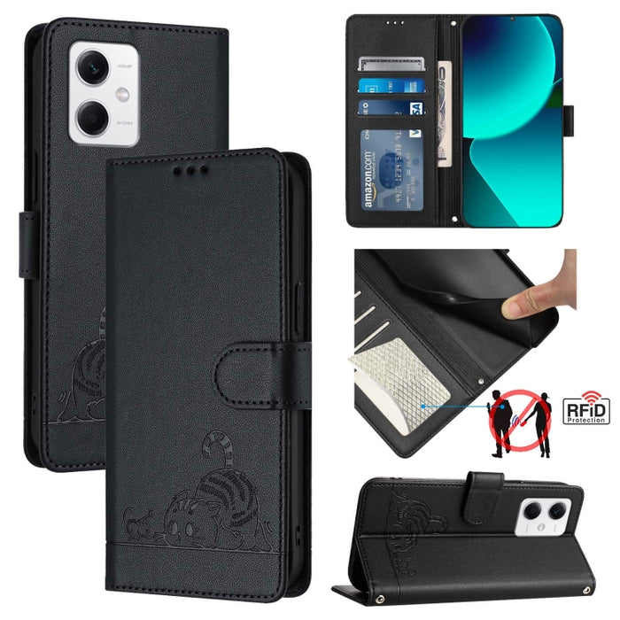 Funda para teléfono de cuero RFID con diseño en relieve de rata y gato con cordón, For Xiaomi Redmi Note 12 5G Global, For Xiaomi POCO X5, For Xiaomi Redmi Note 12 Turbo 5G, For Xiaomi POCO F5 Pro, For Xiaomi Redmi Note 11 4G Global                    ...