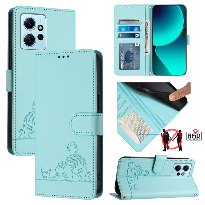 Funda para teléfono de cuero RFID con diseño en relieve de rata y gato con cordón, For Xiaomi Redmi Note 12 5G Global, For Xiaomi POCO X5, For Xiaomi Redmi Note 12 Turbo 5G, For Xiaomi POCO F5 Pro, For Xiaomi Redmi Note 11 4G Global                    ...