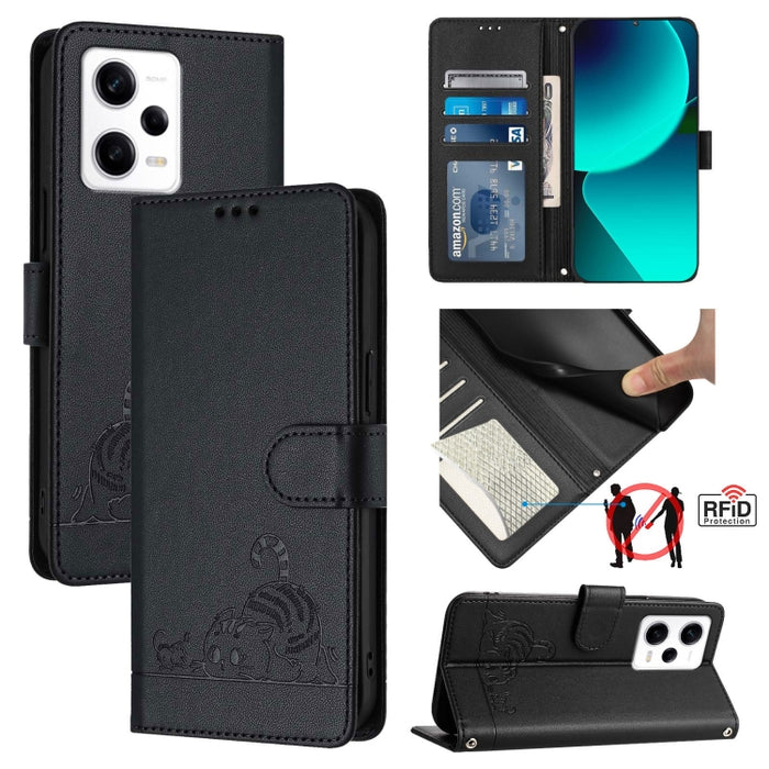 Funda para teléfono de cuero RFID con diseño en relieve de rata y gato con cordón, For Xiaomi Redmi Note 12 5G Global, For Xiaomi POCO X5, For Xiaomi Redmi Note 12 Turbo 5G, For Xiaomi POCO F5 Pro, For Xiaomi Redmi Note 11 4G Global                    ...