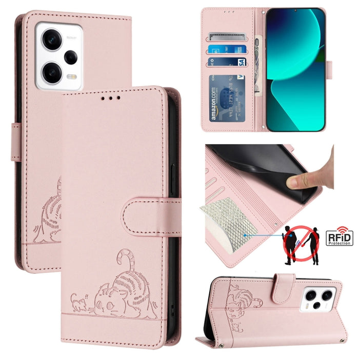 Funda para teléfono de cuero RFID con diseño en relieve de rata y gato con cordón, For Xiaomi POCO X5 Pro, For Xiaomi Redmi 12C / Redmi 11A, For Xiaomi Redmi K60 / K60 Pro, For Xiaomi Redmi 10 5G, For Xiaomi Redmi Note 11E 5G                           ...