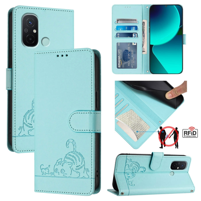Funda para teléfono de cuero RFID con diseño en relieve de rata y gato con cordón, For Xiaomi POCO X5 Pro, For Xiaomi Redmi 12C / Redmi 11A, For Xiaomi Redmi K60 / K60 Pro, For Xiaomi Redmi 10 5G, For Xiaomi Redmi Note 11E 5G                           ...