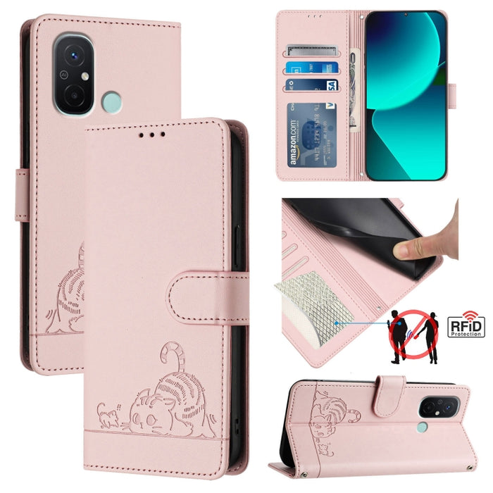Funda para teléfono de cuero RFID con diseño en relieve de rata y gato con cordón, For Xiaomi POCO X5 Pro, For Xiaomi Redmi 12C / Redmi 11A, For Xiaomi Redmi K60 / K60 Pro, For Xiaomi Redmi 10 5G, For Xiaomi Redmi Note 11E 5G                           ...