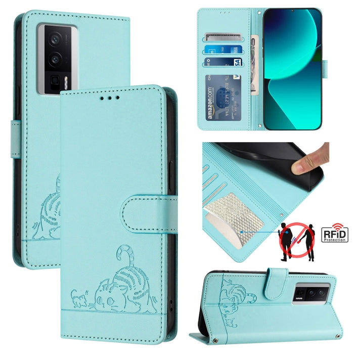 Funda para teléfono de cuero RFID con diseño en relieve de rata y gato con cordón, For Xiaomi POCO X5 Pro, For Xiaomi Redmi 12C / Redmi 11A, For Xiaomi Redmi K60 / K60 Pro, For Xiaomi Redmi 10 5G, For Xiaomi Redmi Note 11E 5G                           ...