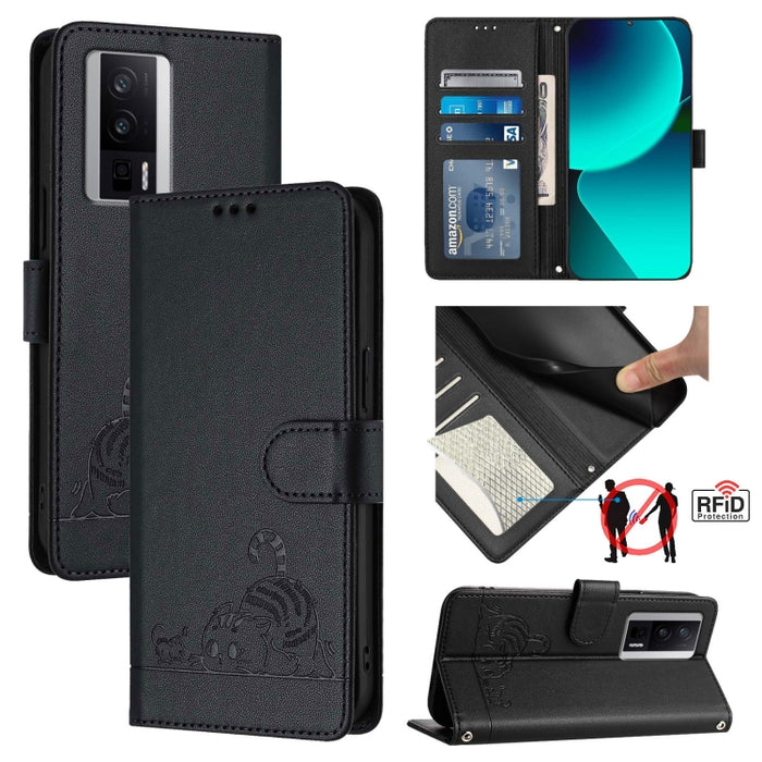 Funda para teléfono de cuero RFID con diseño en relieve de rata y gato con cordón, For Xiaomi POCO X5 Pro, For Xiaomi Redmi 12C / Redmi 11A, For Xiaomi Redmi K60 / K60 Pro, For Xiaomi Redmi 10 5G, For Xiaomi Redmi Note 11E 5G                           ...