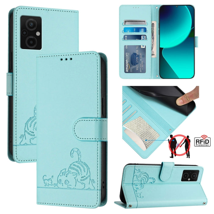 Funda para teléfono de cuero RFID con diseño en relieve de rata y gato con cordón, For Xiaomi POCO X5 Pro, For Xiaomi Redmi 12C / Redmi 11A, For Xiaomi Redmi K60 / K60 Pro, For Xiaomi Redmi 10 5G, For Xiaomi Redmi Note 11E 5G                           ...