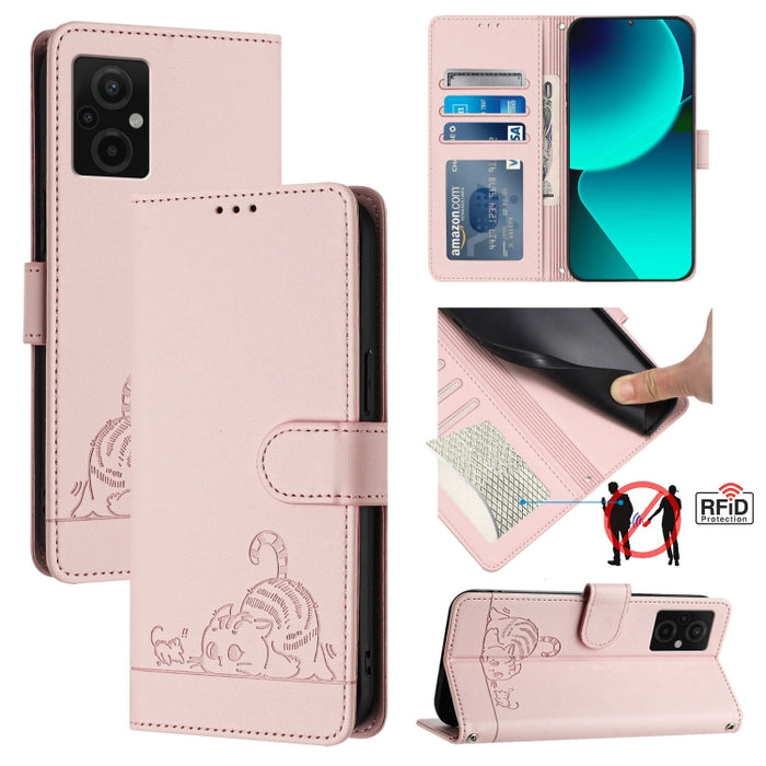 Funda para teléfono de cuero RFID con diseño en relieve de rata y gato con cordón, For Xiaomi POCO X5 Pro, For Xiaomi Redmi 12C / Redmi 11A, For Xiaomi Redmi K60 / K60 Pro, For Xiaomi Redmi 10 5G, For Xiaomi Redmi Note 11E 5G                           ...
